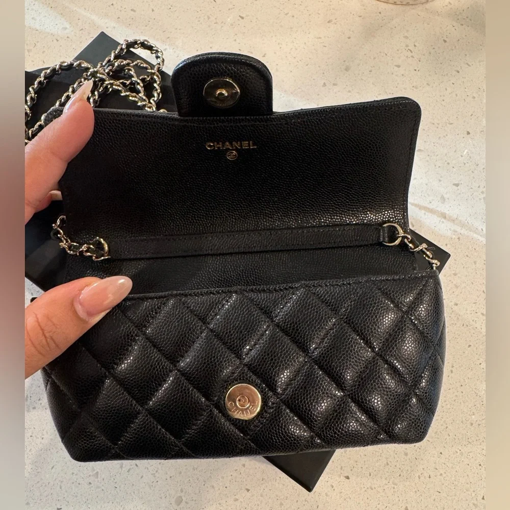 CHANEL classic black caviar and gold hardware sunglasses case crossbody bag